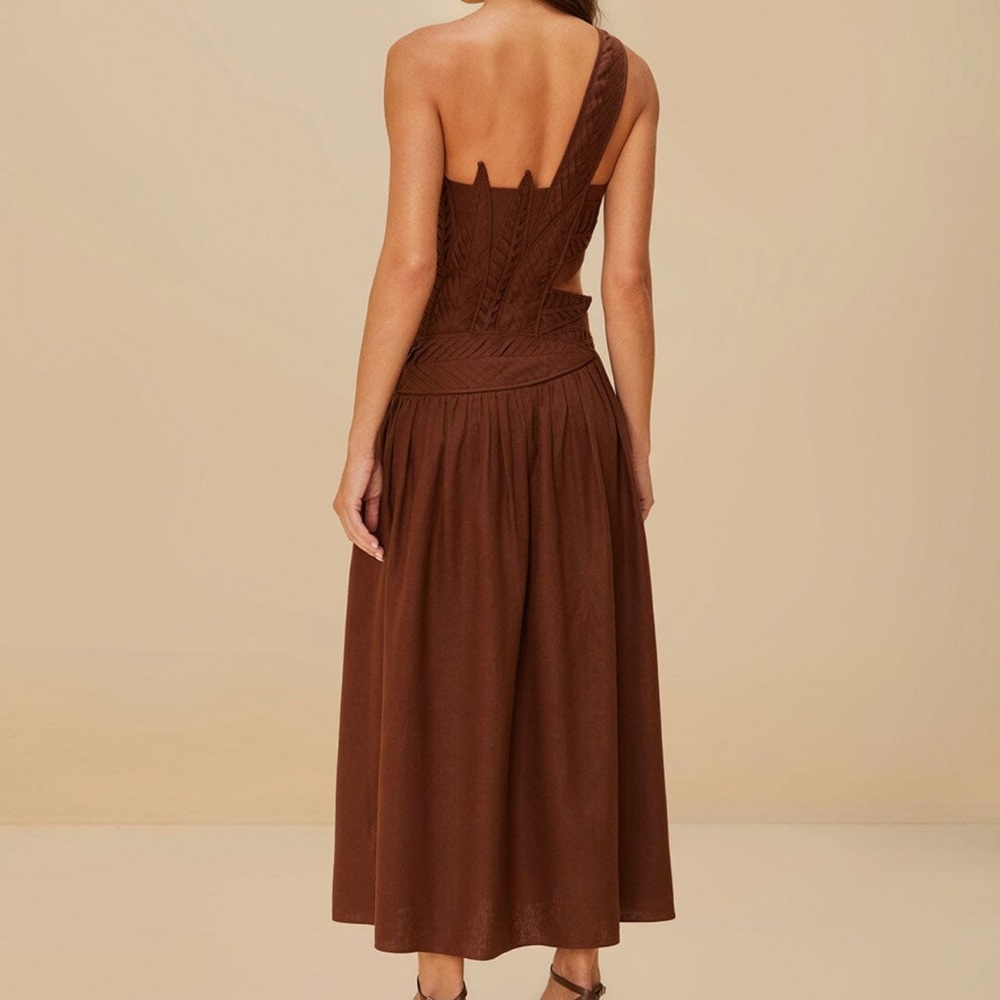 Farm Rio Burgundy Leaves Cut-Out Lenzing Ecovero Euroflax Midi Dress - Picture 2 of 9